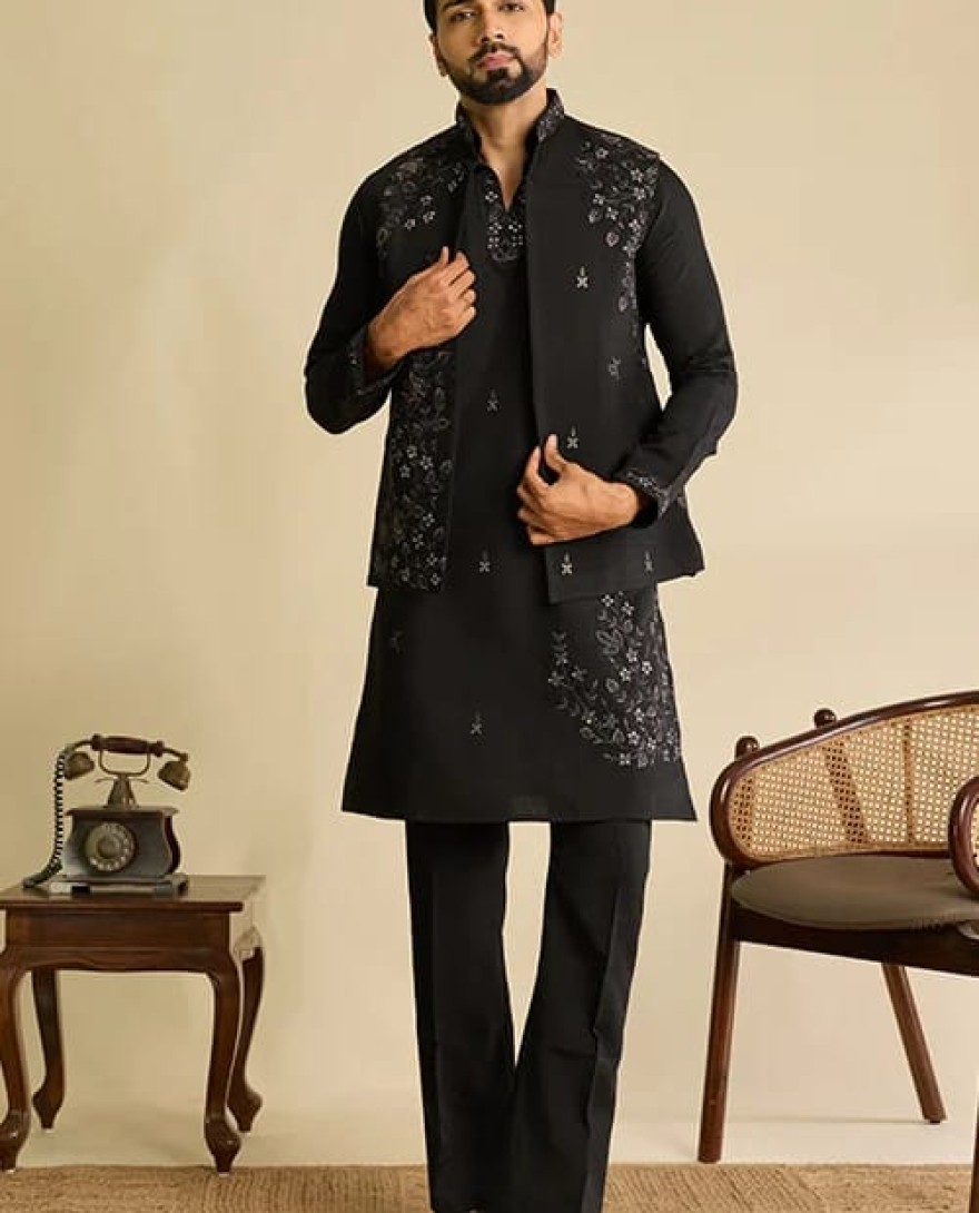 BLACK - Premium Designer Black Mirror Work Koti Kurta Set for Men